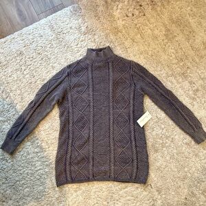 Cable Knit Turtleneck Sweater Mini Dress in Gray/Navy